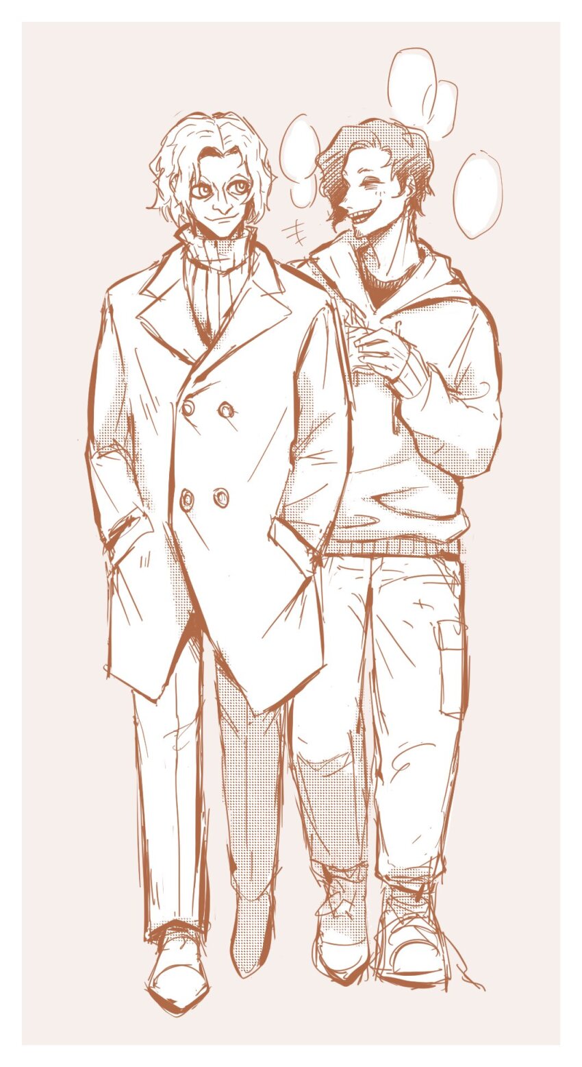 2boys, black_shirt, blue_lock, boots, closed_eyes, closed_mouth, don_lorenzo, greyscale