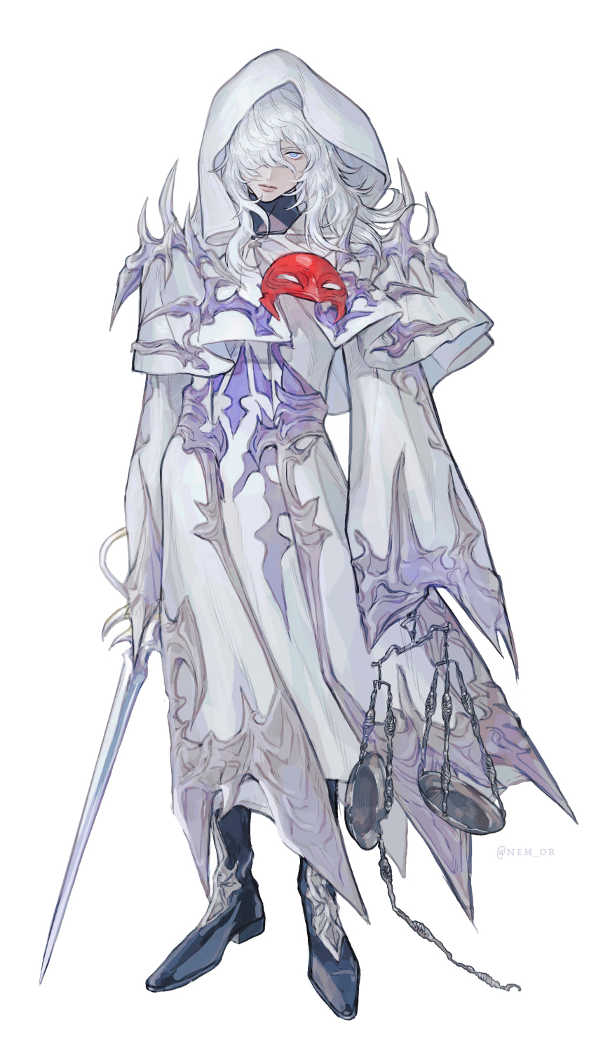 1boy, absurdres, balance_scale, black_boots, blue_eyes, boots, capelet, expressionless