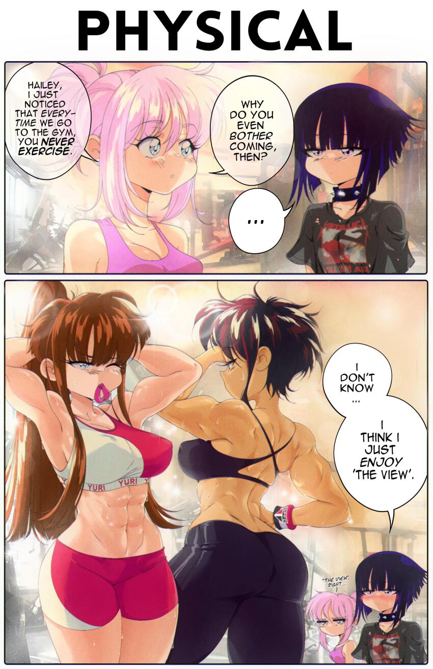 ..., 2koma, 4girls, abs, absurdres, aqua_eyes, armpits, ass, back, bad_id, bad_reddit_id, band_shirt, biceps, black_choker, black_hair, blunt_ends, breasts, brown_hair, choker, clothes_writing, comic, covered_erect_nipples, cowboy_shot, english_text, grs-, hailey_(grs-), highres, large_breasts, long_hair, merchandise, metallica, mouth_hold, multiple_girls, muscular, muscular_female, navel, one_eye_closed, original, pink_hair, ponytail, print_shirt, print_sports_bra, profile, purple_eyes, purple_tank_top, red_hair, red_shorts, sharon_(grs-), shirt, shorts, speech_bubble, spiked_choker, spikes, spoken_ellipsis, sweat, tank_top, underwear_writing, yuri