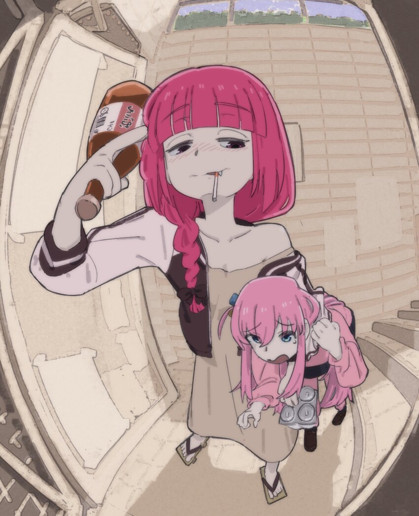 2girls, absurdres, black_jacket, bocchi_the_rock!, bottle, carrying, carrying_person, carrying_under_arm, cigarette, commission, dress, fisheye, fubarmoe, gotoh_hitori, green_dress, highres, hiroi_kikuri, holding, holding_bottle, jacket, multiple_girls, open_clothes, open_jacket, pink_hair, pink_jacket, sake_bottle, sleeveless, sleeveless_dress, track_jacket