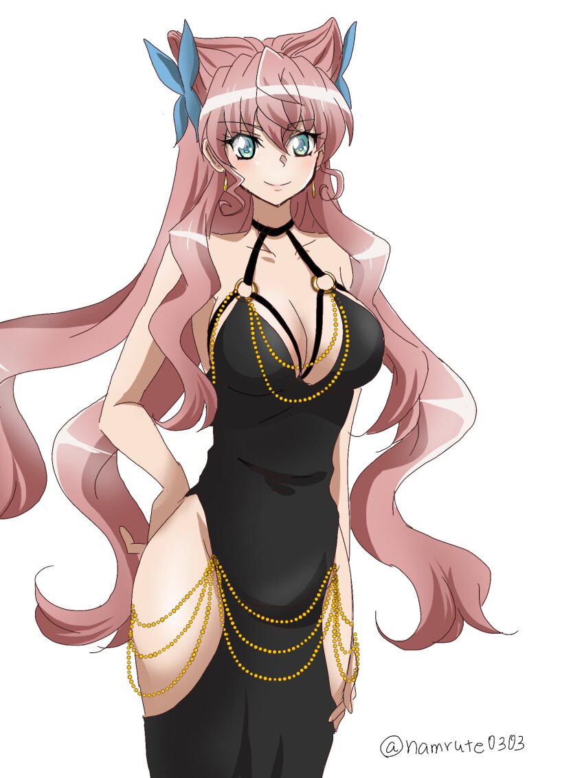 1girl, black_dress, blue_eyes, breasts, cleavage, clothing_cutout, dress, earrings