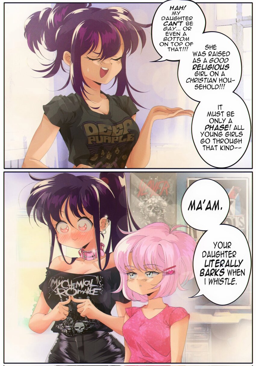 2koma, 3girls, band_shirt, blue_eyes, blush, buckle, collar, collarbone, comic, commentary, deep_purple, ear_piercing, english_commentary, english_text, floral_print, grs-, hair_ornament, hairclip, height_difference, highres, homophobia, index_fingers_together, merchandise, mother_and_child, mother_and_daughter, multiple_girls, my_chemical_romance, off-shoulder_shirt, off_shoulder, open_hand, original, parent_and_child, piercing, pink_collar, pink_eyes, pink_hair, pink_shirt, ponytail, poster_(object), purple_hair, sex_pistols, sharon_(grs-), shirt, short_hair, short_sleeves, slayer_(band), sparkle, speech_bubble, t-shirt, talia_(grs-), teeth, upper_teeth_only, yuri