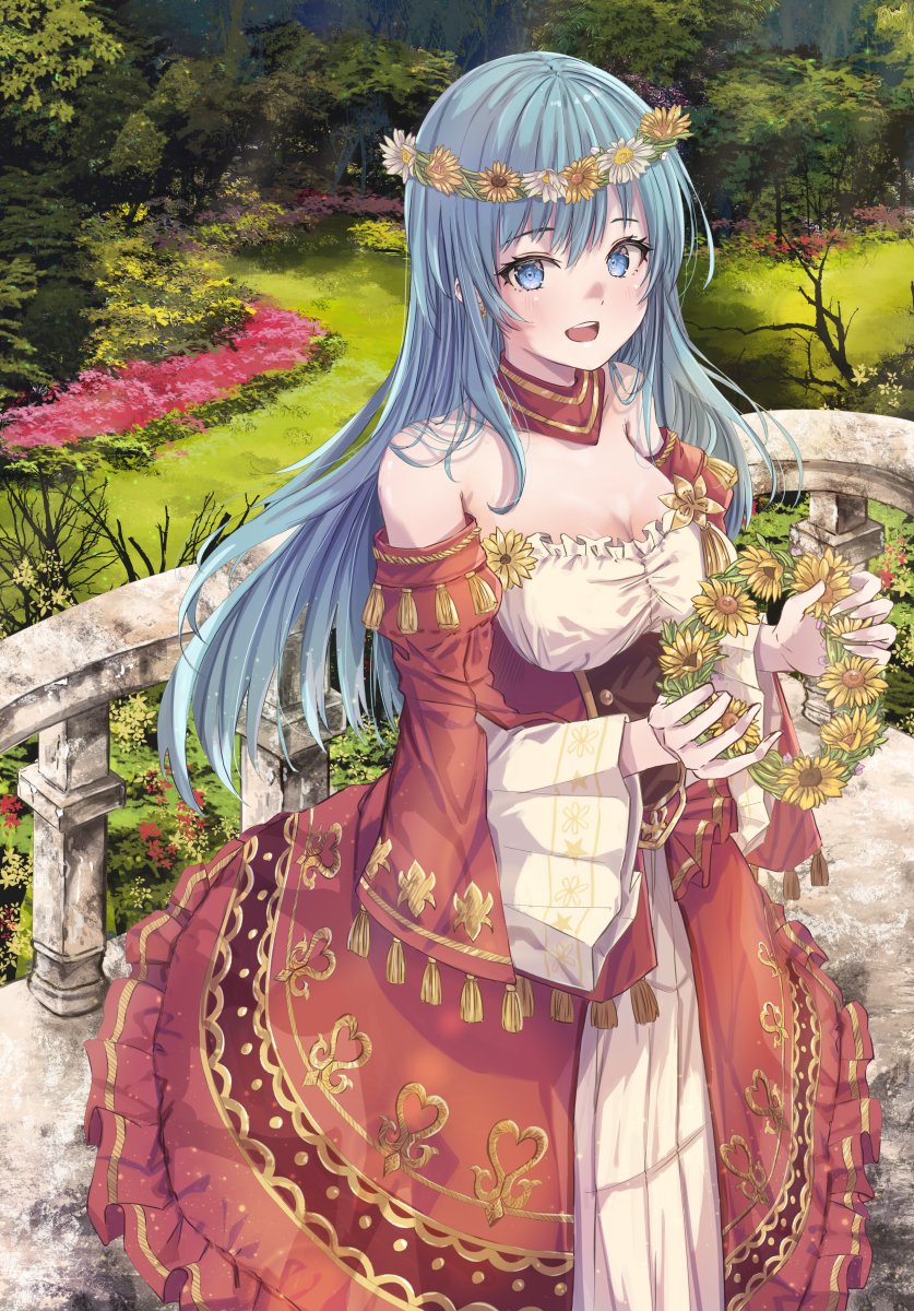1girl, :d, aqua_eyes, aqua_hair, bare_shoulders, breasts, cleavage, commentary, commission, detached_sleeves, dress, eirika_(fire_emblem), eirika_(valentine)_(fire_emblem), eyelashes, fire_emblem, fire_emblem:_the_sacred_stones, fire_emblem_heroes, flower, flower_necklace, fuussu_(21-kazin), hair_flower, hair_ornament, highres, holding, holding_flower, jewelry, long_hair, long_sleeves, looking_at_viewer, necklace, nintendo, official_alternate_costume, open_mouth, outdoors, red_dress, skeb_commission, smile, solo, teeth, upper_teeth_only, wide_sleeves