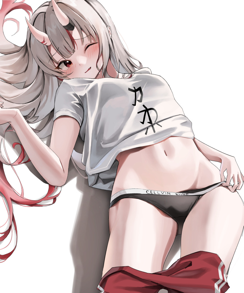 1girl, absurdres, black_panties, blush, brand_name_imitation, breasts, calvin_klein, clothes_pull