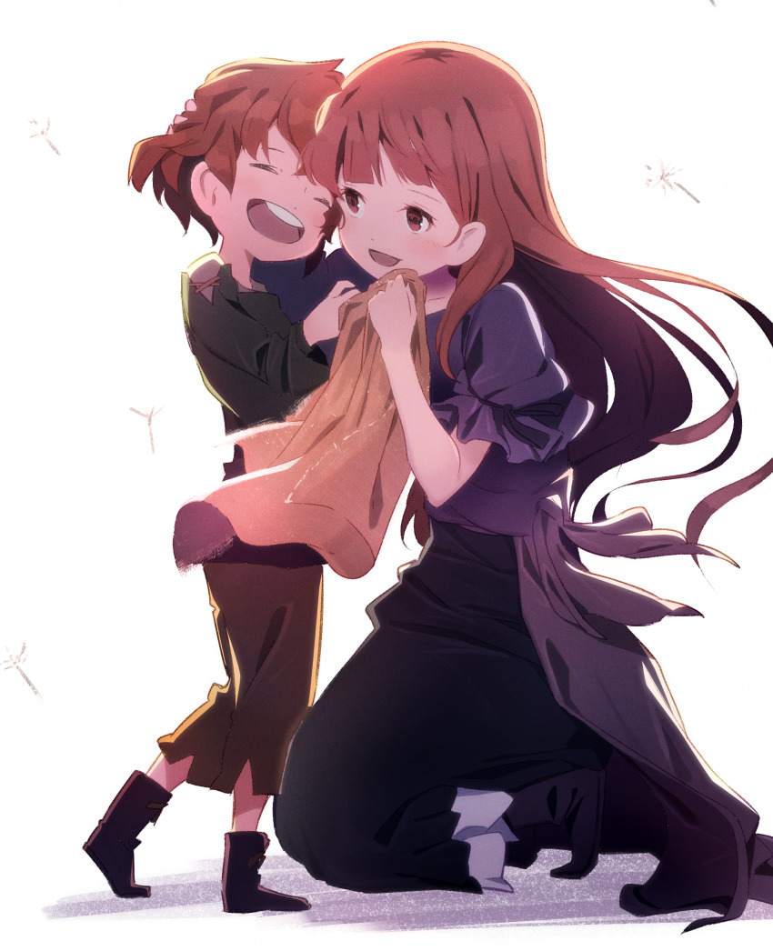 1boy, 1girl, ^_^, absurdres, anzi, ariel_(sayoasa), black_footwear, black_skirt, blunt_bangs, blush, brown_eyes, brown_hair, brown_jacket, brown_pants, child, closed_eyes, collarbone, commentary_request, family, frilled_shirt, frilled_skirt, frilled_sleeves, frills, full_body, green_shirt, hair_between_eyes, hand_on_another's_head, happy, head_tilt, heads_together, highres, holding, holding_jacket, holding_unworn_clothes, hug, jacket, kneeling, long_hair, long_skirt, looking_at_another, maquia_(sayoasa), mother_and_child, mother_and_son, open_mouth, pants, parent_and_child, parted_bangs, purple_shirt, sayonara_no_asa_ni_yakusoku_no_hana_wo_kazarou, shadow, shirt, shirt_tucked_in, shoes, short_hair, sidelocks, simple_background, skirt, smile, teeth, unworn_jacket, upper_teeth_only, very_long_hair, wavy_hair, white_background