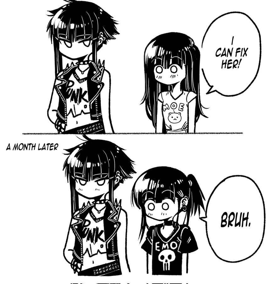 2girls, 2koma, before_and_after, blush, bracelet, comic, commentary, corrupted_twitter_file, corruption, crop_top, ear_piercing, emo-girl_(grs-), english_commentary, english_text, failure, goth_fashion, greyscale, grs-, highres, i_can_fix_him_(meme), jewelry, long_hair, medium_hair, meme, midriff, monochrome, multiple_girls, navel, no_mouth, no_nose, original, piercing, ponytail, punk-girl_(grs-), spiked_bracelet, spikes, upper_body, yuri