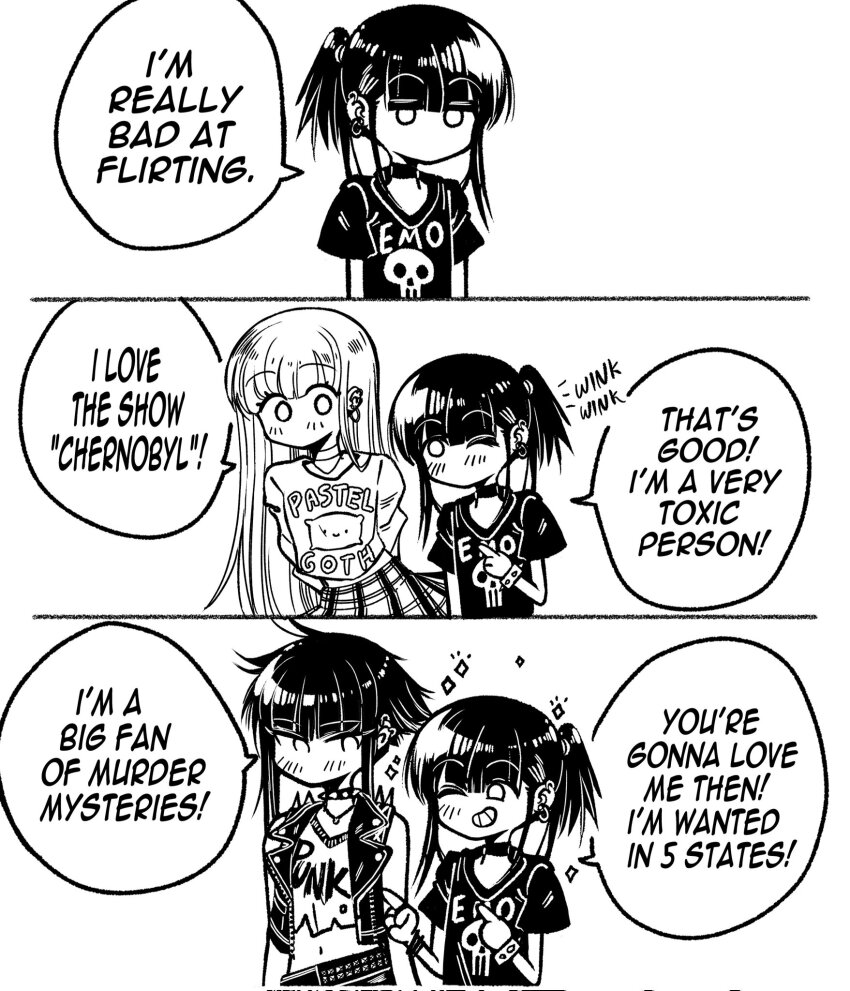 3girls, 3koma, bare_shoulders, blush, bracelet, choker, clothes_writing, clueless, comic, commentary, corrupted_twitter_file, earrings, emo-girl_(grs-), emo_fashion, english_commentary, english_text, goth_fashion, greyscale, grs-, highres, jacket, jewelry, long_hair, medium_hair, monochrome, multiple_girls, no_mouth, one_eye_closed, open_clothes, open_jacket, original, pastel-goth-girl_(grs-), pastel_goth, plaid_clothes, plaid_skirt, ponytail, print_shirt, punk, punk-girl_(grs-), shirt, short_ponytail, short_sleeves, side_ponytail, simple_background, skirt, smile, speech_bubble, spiked_bracelet, spikes, t-shirt, white_background, you're_doing_it_wrong, yuri
