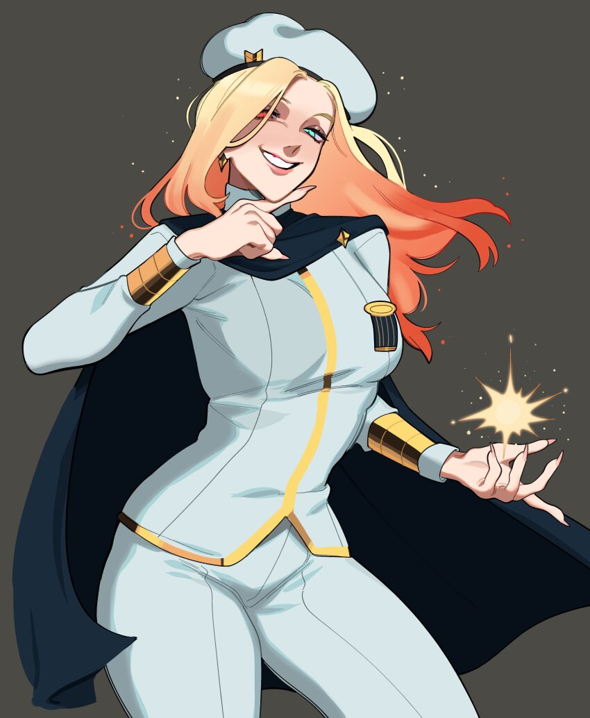 absurdres, aqua_eyes, beret, black_cape, blonde_hair, borrowed_character, cape, cowboy_shot