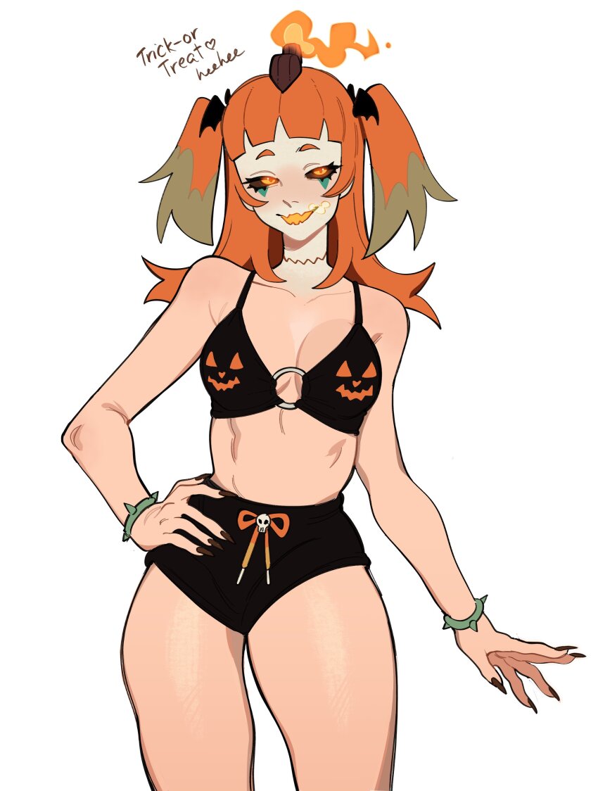 1girl, absurdres, bare_legs, black_bra, black_nails, black_sclera, black_shorts, blunt_bangs, bra, bracelet, breasts, colored_sclera, cowboy_shot, english_text, extra_mouth, fang, fiery_hair, glowing, glowing_eyes, green_hair, hand_on_own_hip, highres, jackie_lanturne_(porqueloin), jewelry, multicolored_hair, neck_mouth, o-ring, o-ring_bra, open_mouth, orange_eyes, orange_hair, original, porqueloin, short_shorts, shorts, skin_fang, small_breasts, solo, spiked_bracelet, spikes, standing, talking, trick_or_treat, twintails, two-tone_hair, underwear, white_background