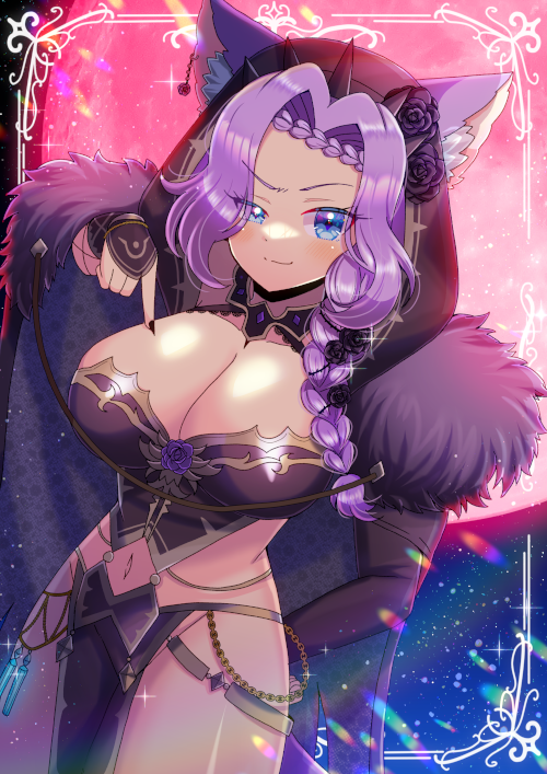 1girl, animal_ear_fluff, animal_ears, arm_behind_back, black_cloak, black_flower, black_nails, black_rose, blue_eyes, braid, breasts, cleavage, cloak, closed_mouth, collarbone, commentary_request, dutch_angle, ears_through_headwear, fingernails, flower, forehead, full_moon, fur-trimmed_cloak, fur_trim, groin, half-closed_eye, hood, hood_up, indie_virtual_youtuber, kou_hiyoyo, large_breasts, long_hair, looking_at_viewer, moon, nail_polish, navel, parted_bangs, pointing, purple_flower, purple_hair, purple_rose, red_moon, rogue_liliana, rose, sharp_fingernails, smile, solo, spikes, uneven_eyes, virtual_youtuber