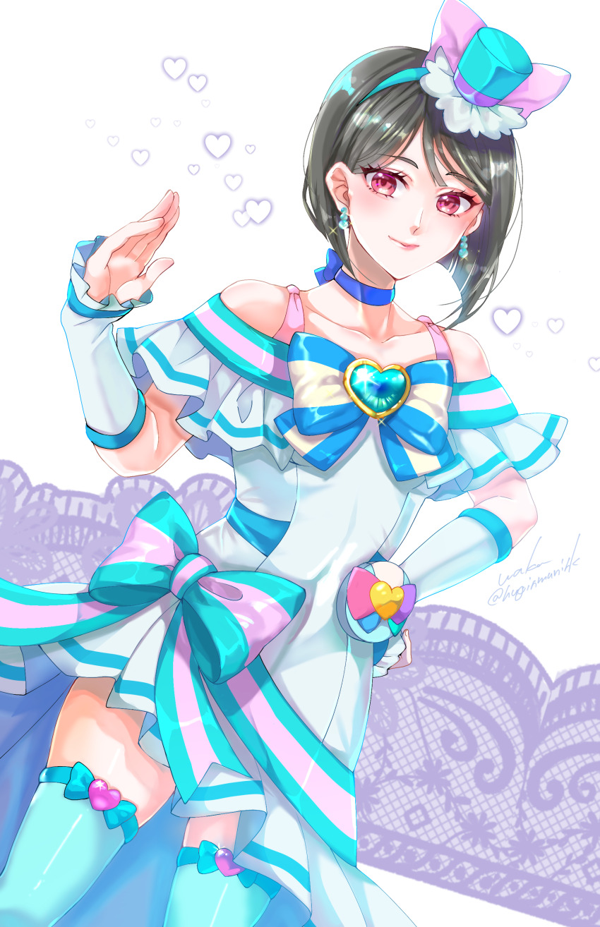 1girl, absurdres, aqua_hat, aqua_thighhighs, arm_warmers, black_hair, blue_choker, bow