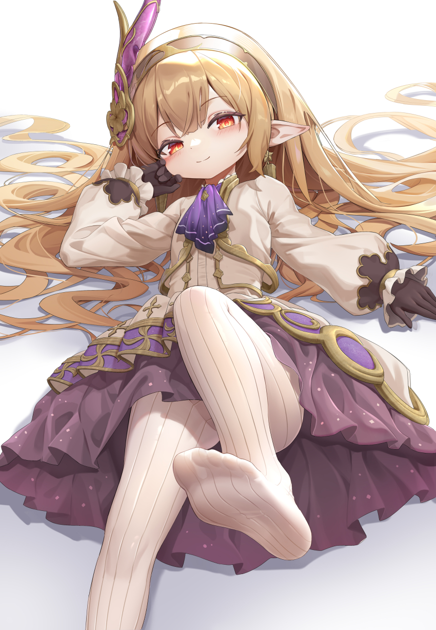 1girl, absurdres, ascot, black_gloves, blush, brown_hair, brown_hairband, dress, earrings, feet, foot_focus, fujiko_sugi, gloves, granblue_fantasy, granblue_fantasy:_relink, hair_ornament, hairband, harvin, highres, jewelry, loli, long_hair, looking_at_viewer, maglielle_(granblue_fantasy:_relink), no_shoes, pantyhose, petite, pointy_ears, princess_dress, purple_ascot, red_eyes, ribbed_socks, simple_background, smile, socks, soles, solo, striped_clothes, striped_socks, thighs, toes, very_long_hair, white_dress, white_pantyhose, white_socks