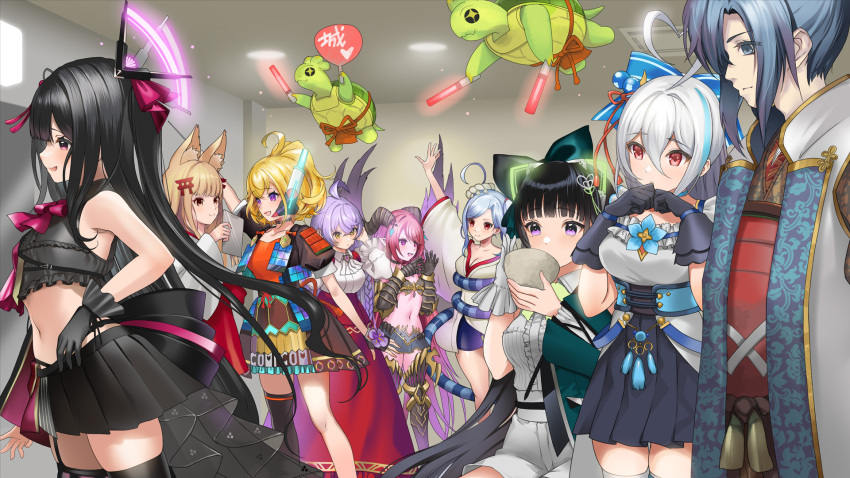 1boy, 6+girls, :d, ahoge, animal_ear_fluff, animal_ears, black_gloves, black_hair