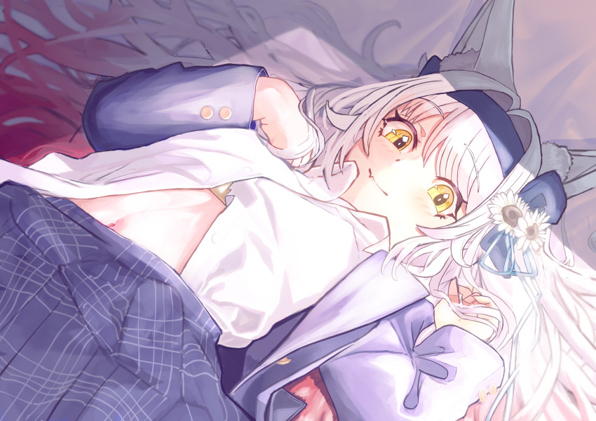 1girl, absurdres, animal_ear_fluff, animal_ears, blue_hairband, blue_skirt, blush, bra