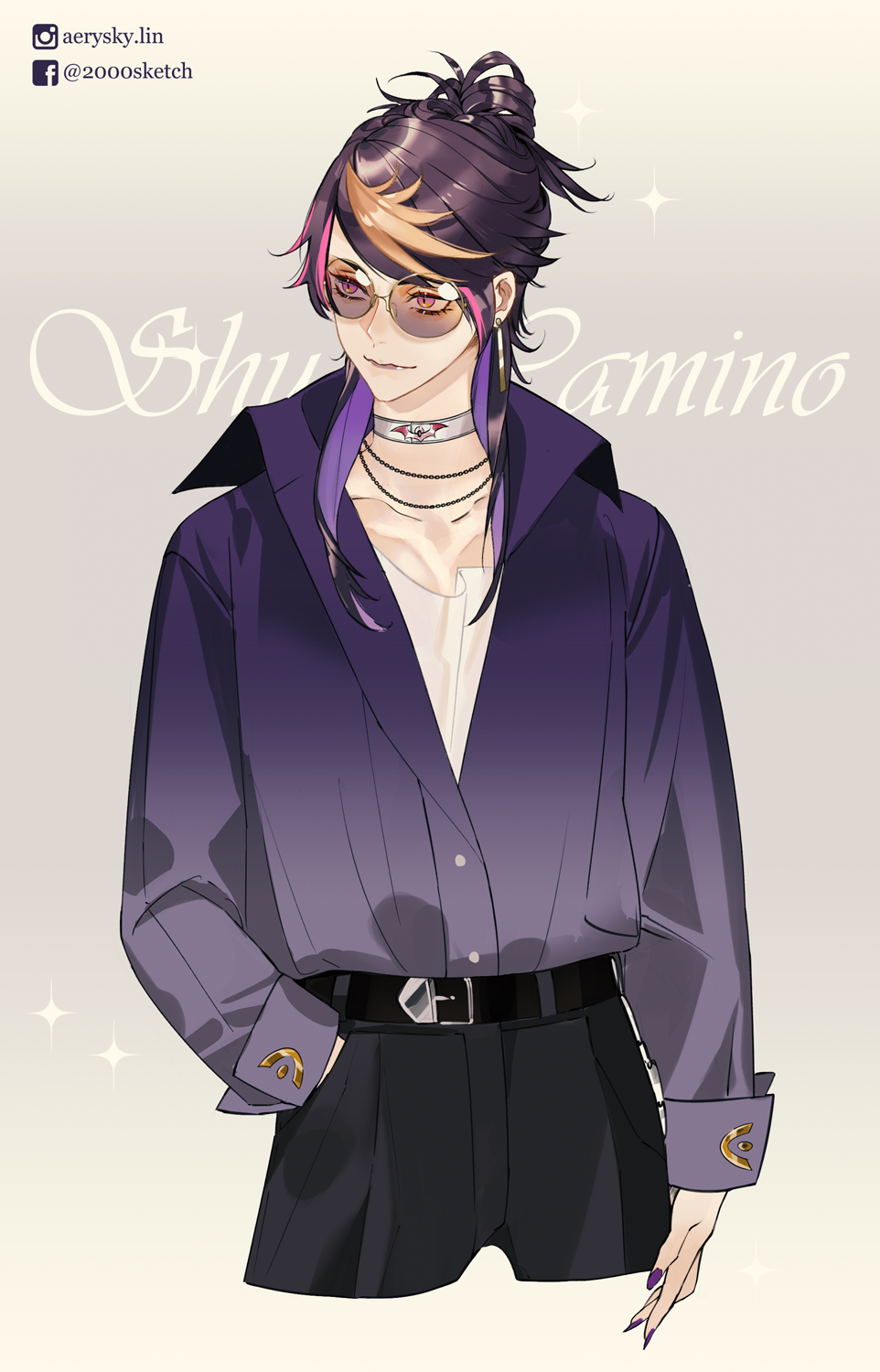 1boy, aerysky, artist_name, belt, black_hair, black_pants, blonde_hair, character_name