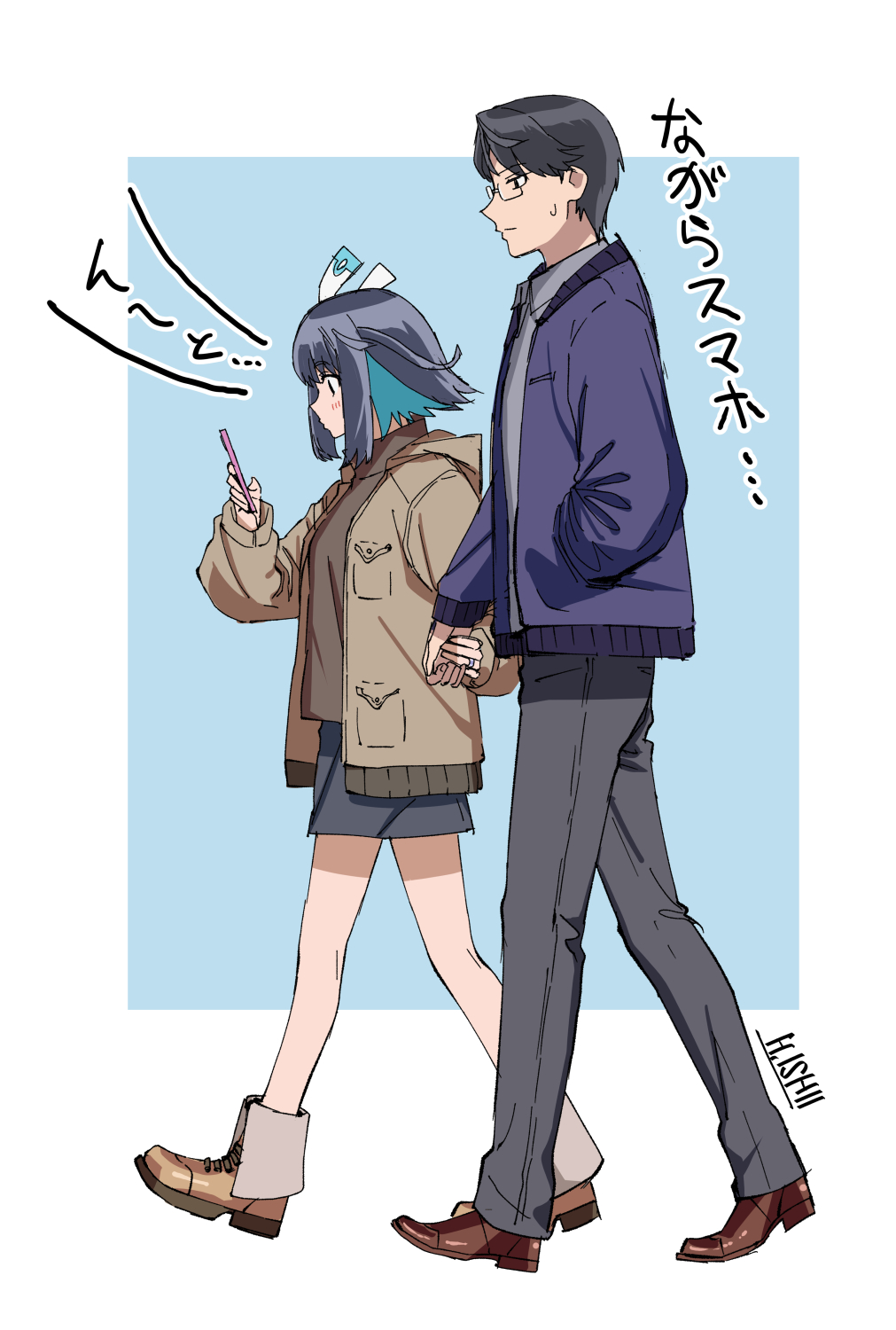 16bit_sensation, 1boy, 1girl, akisato_konoha, black_hair, blue_coat, blue_hair, brown_coat