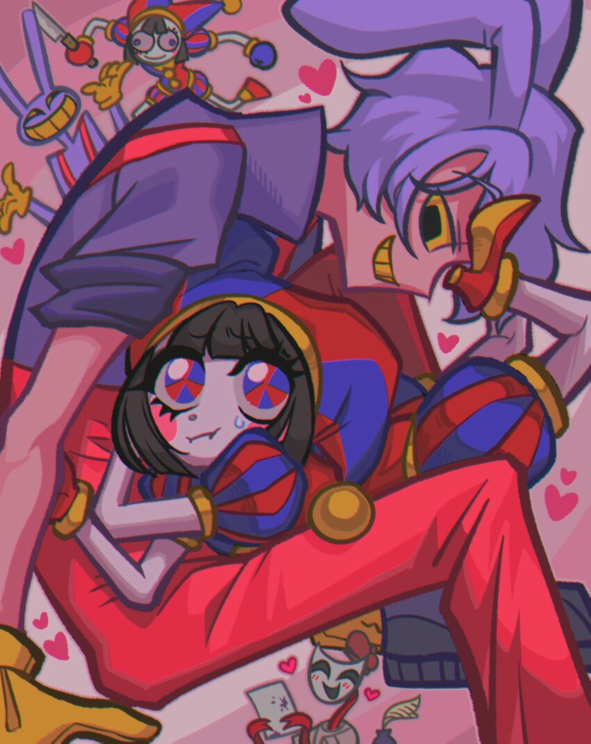 1boy, 2girls, absurdres, animal_ears, black_eyes, blue_eyes, blush, collage, colored_sclera, commentary, english_commentary, gangle_(the_amazing_digital_circus), gloves, grin, hat, heterochromia, highres, holding, holding_knife, humanization, jax_(the_amazing_digital_circus), jester, jester_cap, knife, multiple_girls, on_person, otelli, overalls, paper, pomni_(the_amazing_digital_circus), quill, rabbit_ears, red_eyes, short_hair, smile, the_amazing_digital_circus, yellow_sclera