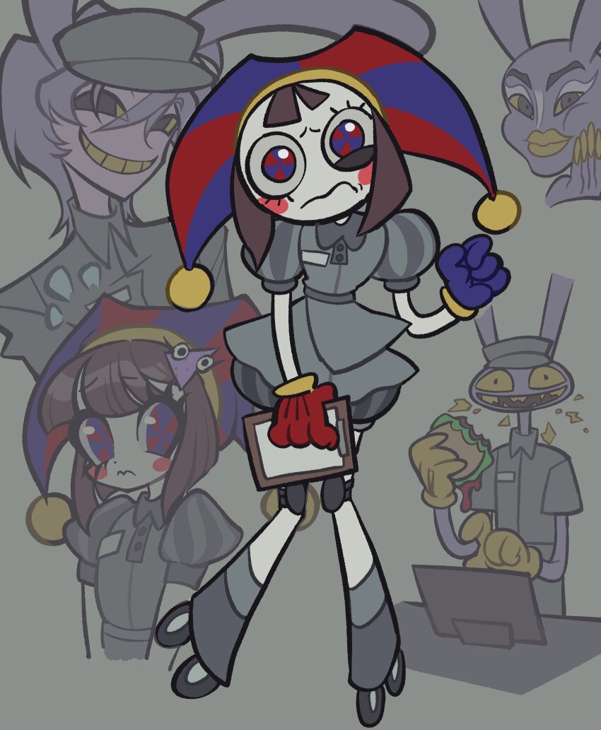 1boy, 1girl, animal_ears, black_eyes, blue_eyes, burger, collage, colored_sclera