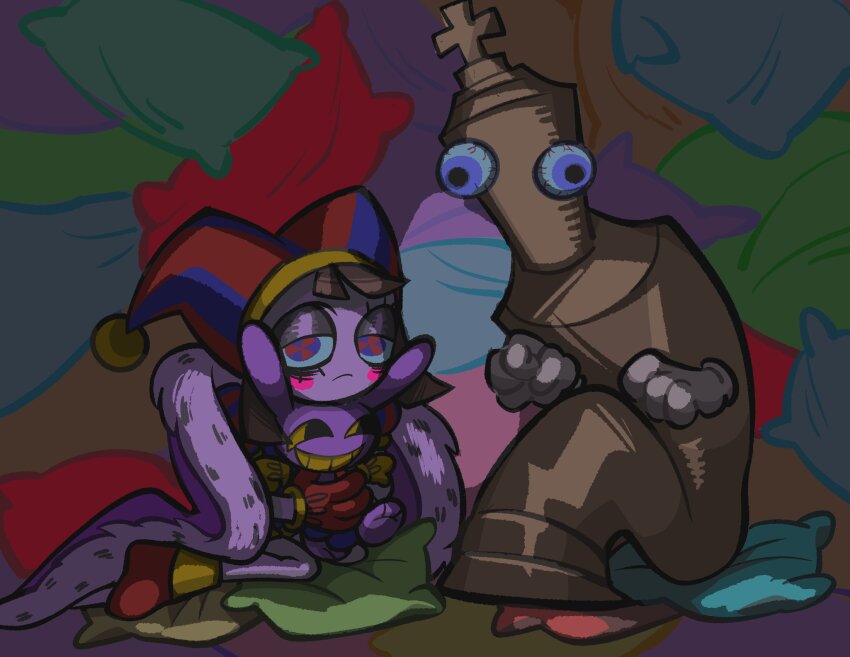 1boy, 1girl, animal_ears, black_eyes, blue_eyes, cape, character_doll, colored_sclera, completely_nude, doll, frown, gloves, grin, hat, heterochromia, highres, hug, jax_(the_amazing_digital_circus), jester, jester_cap, kinger_(the_amazing_digital_circus), nude, otelli, overalls, pillow, pomni_(the_amazing_digital_circus), rabbit_ears, red_eyes, short_hair, sitting, smile, the_amazing_digital_circus, yellow_sclera