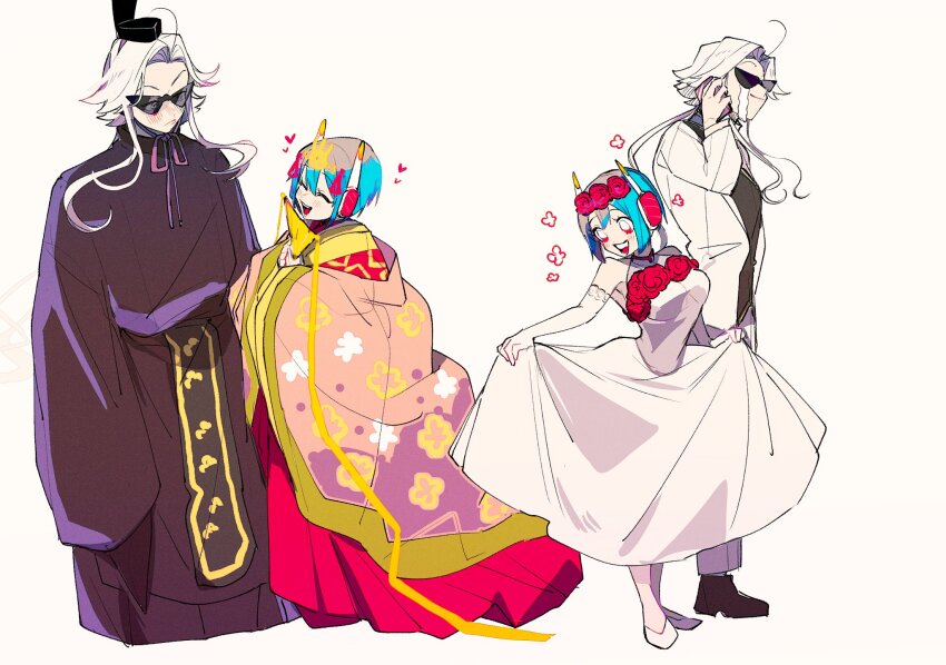 1boy, 1girl, alternate_costume, blue_hair, bride, commentary_request, crying, dress