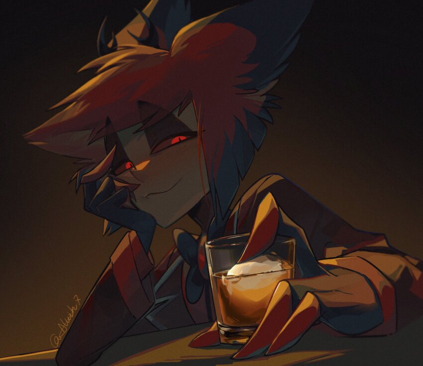 1boy, alastor_(hazbin_hotel), alcohol, aluih7, commentary, cup, drinking_glass, english_commentary, hand_on_own_face, hazbin_hotel, hellaverse, highres, looking_at_viewer, male_focus, short_hair, sitting, smile, solo