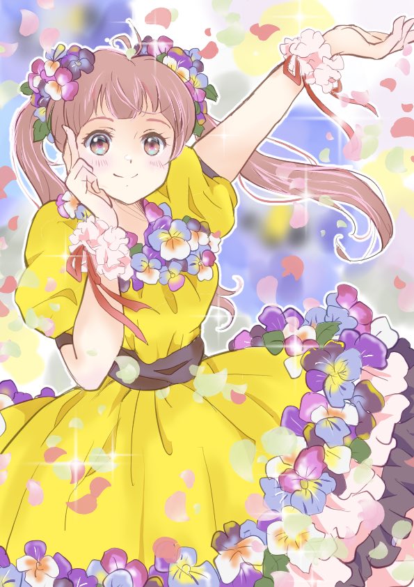 1girl, ahoge, arcboc, arm_up, blurry, blurry_background, blush, brown_eyes, brown_hair, closed_mouth, dress, flower, hair_flower, hair_ornament, hand_on_own_face, long_hair, looking_at_viewer, original, outline, petals, pink_hair, puffy_short_sleeves, puffy_sleeves, ribbon, scrunchie, short_sleeves, smile, solo, sparkle, twintails, violet_(flower), white_outline, wrist_scrunchie, yellow_dress