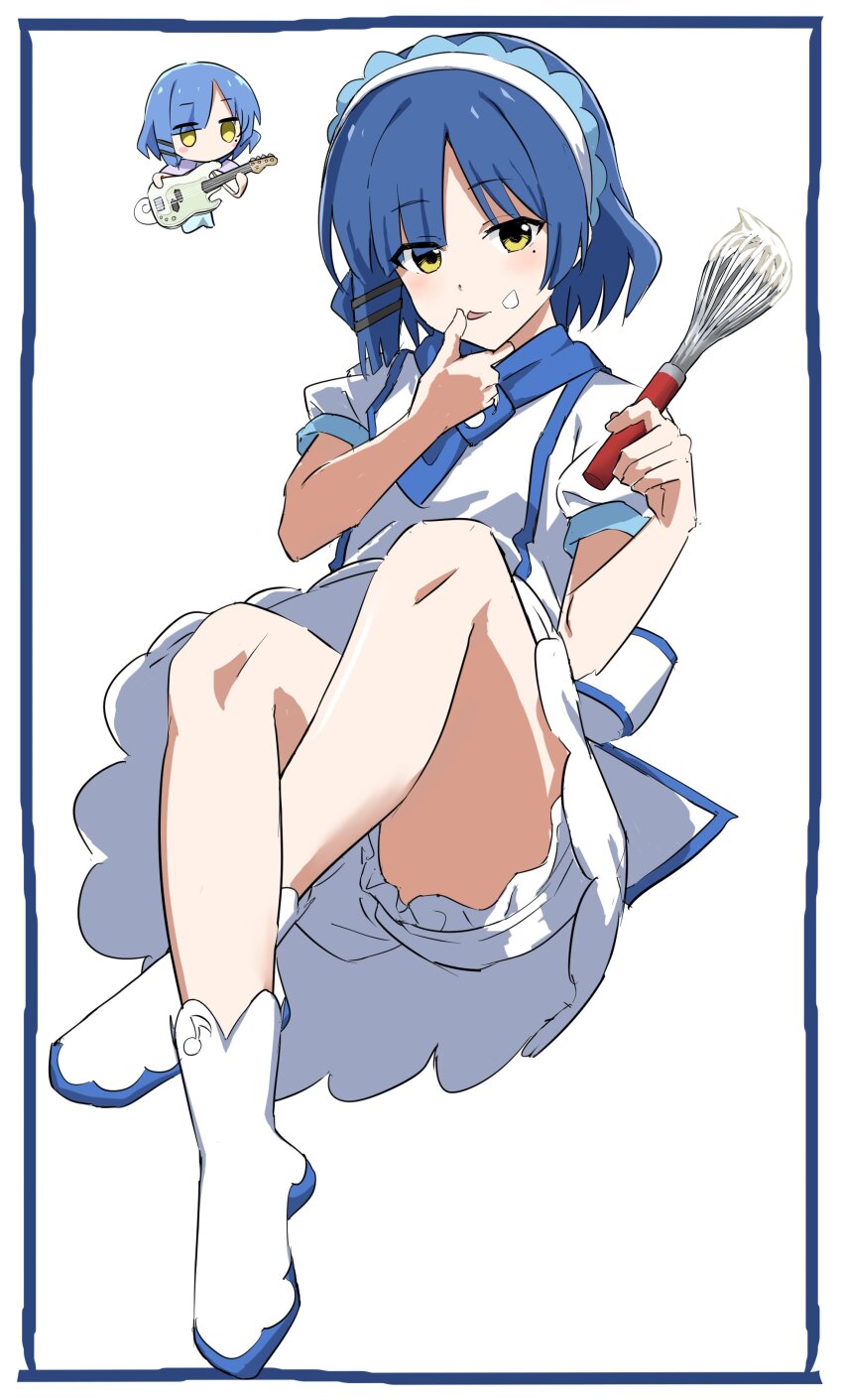 1girl, 1other, absurdres, as_buppa, back_bow, bass_guitar, bloomers, blue_hair, blue_scarf, bocchi_the_rock!, boots, bow, commission, cosplay, cream, crossed_legs, dress, fairy, full_body, hair_ornament, headband, highres, holding, instrument, licking, magical_girl, mixer_(cooking), musical_note, ojamajo_doremi, patissier, rectangle, scarf, senoo_aiko, senoo_aiko_(cosplay), short_hair, short_sleeves, skeb_commission, thighs, tongue, underwear, upskirt, white_background, white_bloomers, white_dress, white_footwear, yamada_ryo, yellow_eyes