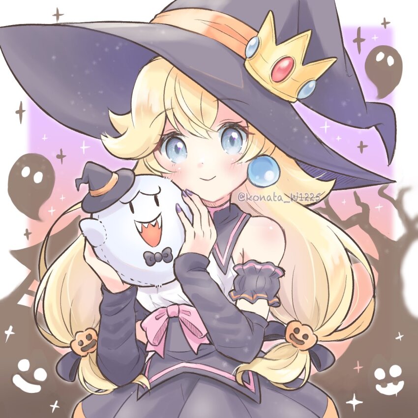 1girl, alternate_costume, alternate_hairstyle, artist_name, bare_shoulders, black_bow, black_dress, black_hat, black_sleeves, blonde_hair, blue_eyes, boo_(mario), bow, crown_hat_ornament, detached_sleeves, dress, earrings, food-themed_hair_ornament, hair_bow, hair_ornament, halloween, hat, hat_ornament, highres, jewelry, konata_w1225, long_hair, looking_at_viewer, mario_(series), nintendo, pink_bow, princess_peach, pumpkin_hair_ornament, purple_nails, solo, sphere_earrings, upper_body, watermark, witch_hat