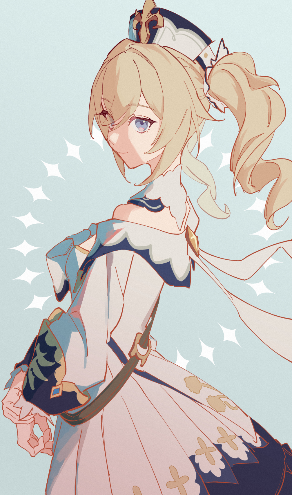 1girl, barbara_(genshin_impact), bare_shoulders, blonde_hair, blue_eyes, closed_mouth, cross, detached_collar