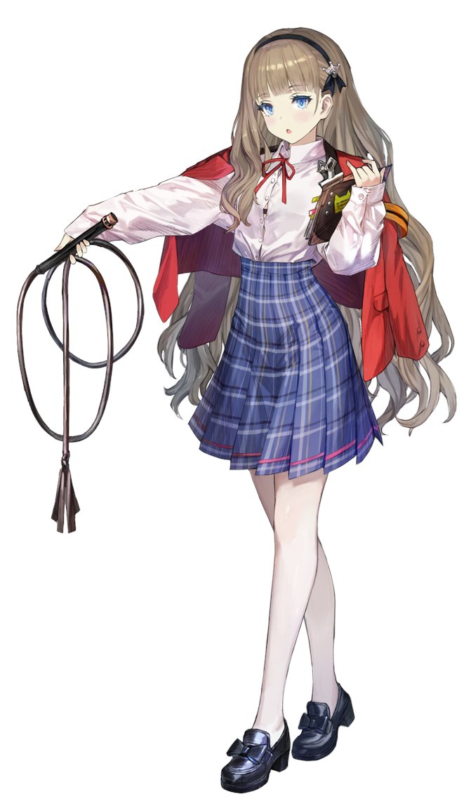 1girl, black_footwear, blue_eyes, brown_dust_(series), brown_dust_2, brown_hair, cat_o'_nine_tails, checkered_clothes, checkered_skirt, collared_shirt, eyebrows_hidden_by_hair, full_body, glacia_(brown_dust), hairband, high-waist_skirt, holding, holding_whip, jacket, jacket_on_shoulders, light_blush, long_hair, looking_at_viewer, neck_ribbon, official_art, open_mouth, red_jacket, ribbon, school_uniform, second-party_source, shirt, simple_background, skirt, solo, thick_eyelashes, thighhighs, triangle_mouth, whip, white_background, white_shirt, white_thighhighs