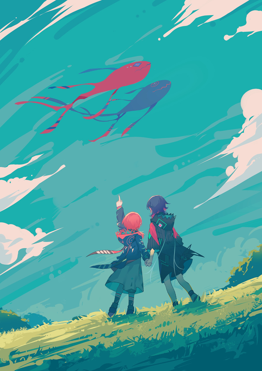 2girls, absurdres, arm_up, black_dress, black_jacket, blue_hair, blue_jacket, blue_sky