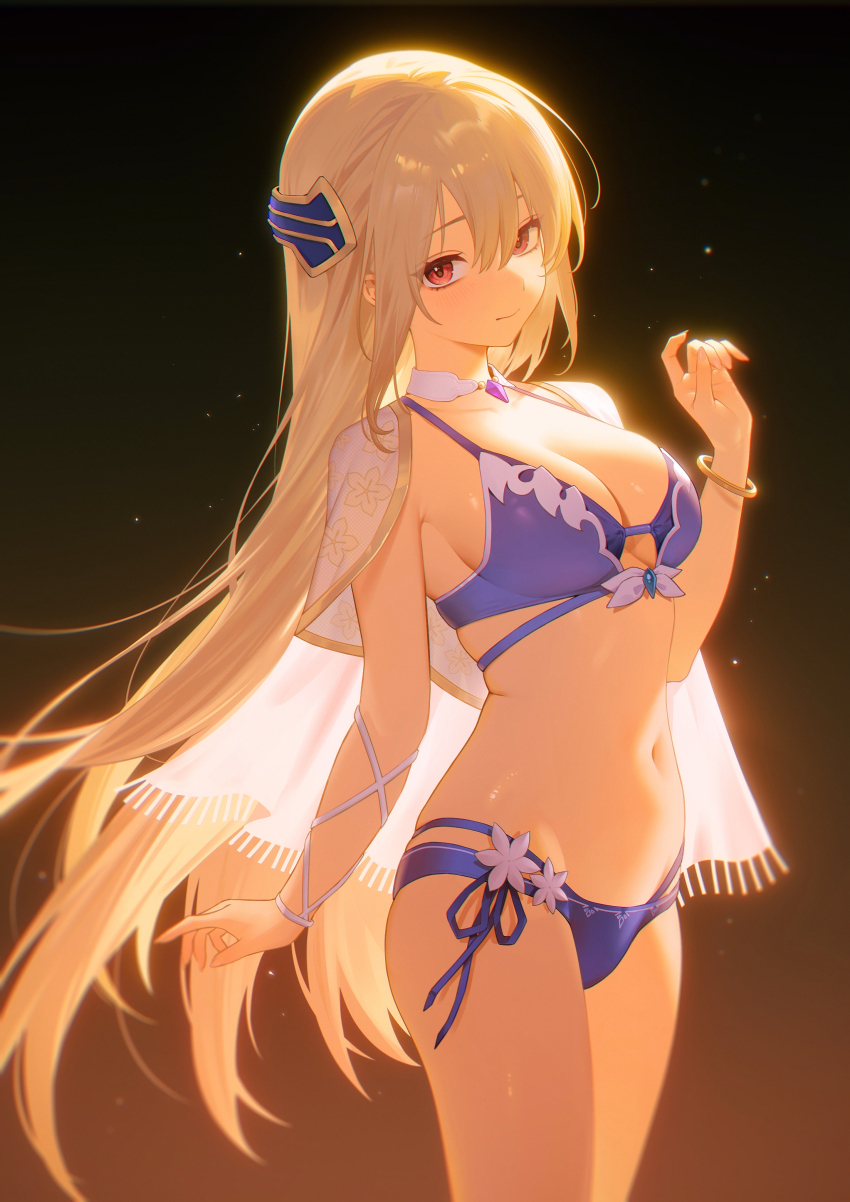 1girl, 95_(jiuwujiang), absurdres, bikini, blonde_hair, bracelet, breasts, capelet, cleavage, closed_mouth, commentary, flower, from_side, gradient_background, hair_between_eyes, hand_up, heaven_burns_red, highres, jewelry, large_breasts, long_hair, looking_at_viewer, looking_to_the_side, navel, purple_bikini, red_eyes, shirakawa_yuina, shirakawa_yuina_(midsummer_gendarmerie), side-tie_bikini_bottom, simple_background, solo, swimsuit, very_long_hair, white_capelet