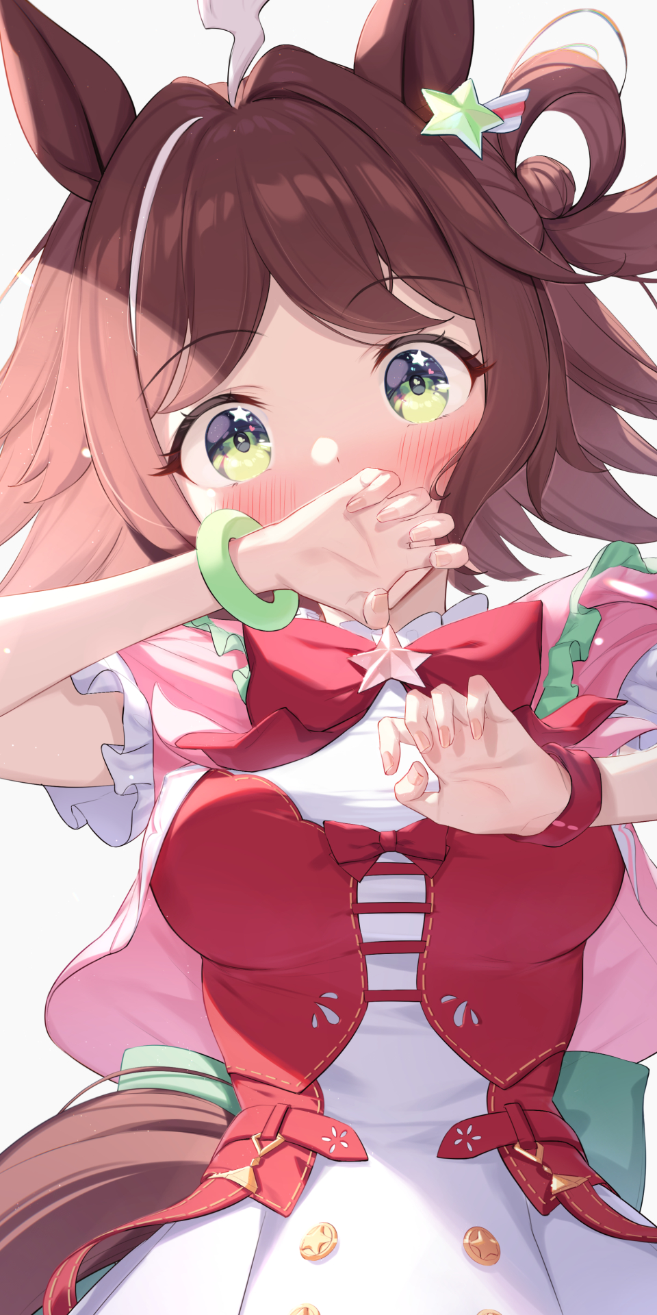 1girl, ahoge, animal_ears, blush, breasts, brown_hair, buttons, dress, fingernails, green_eyes, hair_ornament, highres, horse_ears, horse_girl, horse_tail, looking_at_viewer, medium_breasts, rhein_kraft_(dream_successor)_(umamusume), rhein_kraft_(umamusume), saboten_mushi, short_hair, simple_background, solo, star_(symbol), star_hair_ornament, tail, umamusume, white_background, white_dress