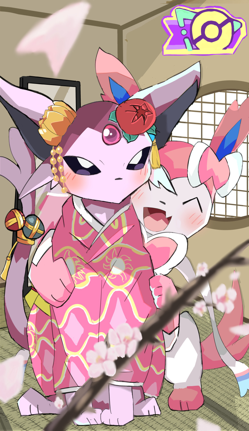 absurdres, animal_focus, aya_tsuji, blush, bow, closed_eyes, espeon, espeon_(pokebuki)