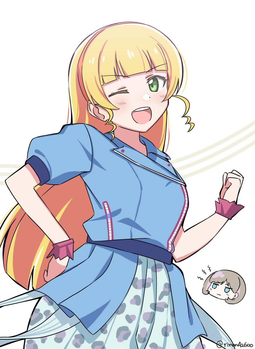 2girls, aqua_skirt, blonde_hair, blue_eyes, blue_jacket, blue_skirt, blunt_bangs, blush