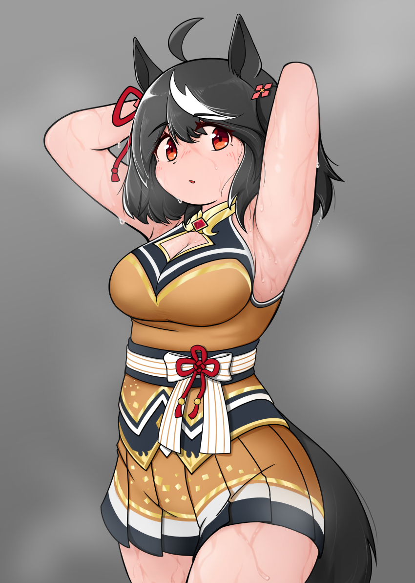 1girl, absurdres, animal_ears, armpits, arms_up, bare_shoulders, black_hair, blush