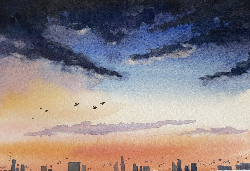 animal, bird, blue_sky, city, cloud, cloudy_sky, highres, no_humans, orange_sky, original, painting_(medium), shadow, shibakaka, sky, sky_focus, skyline, sunset, traditional_media, watercolor_(medium)