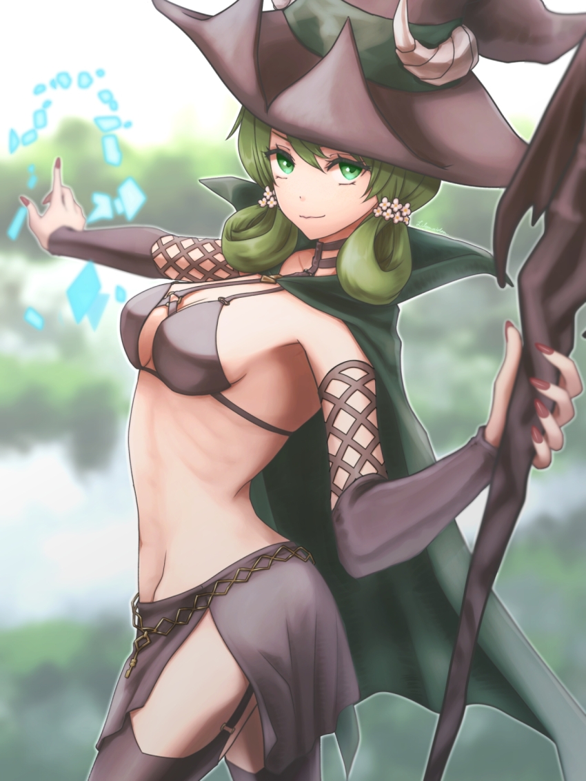 1girl, breasts, cleavage, cloak, eyelashes, fake_horns, from_side, green_cloak