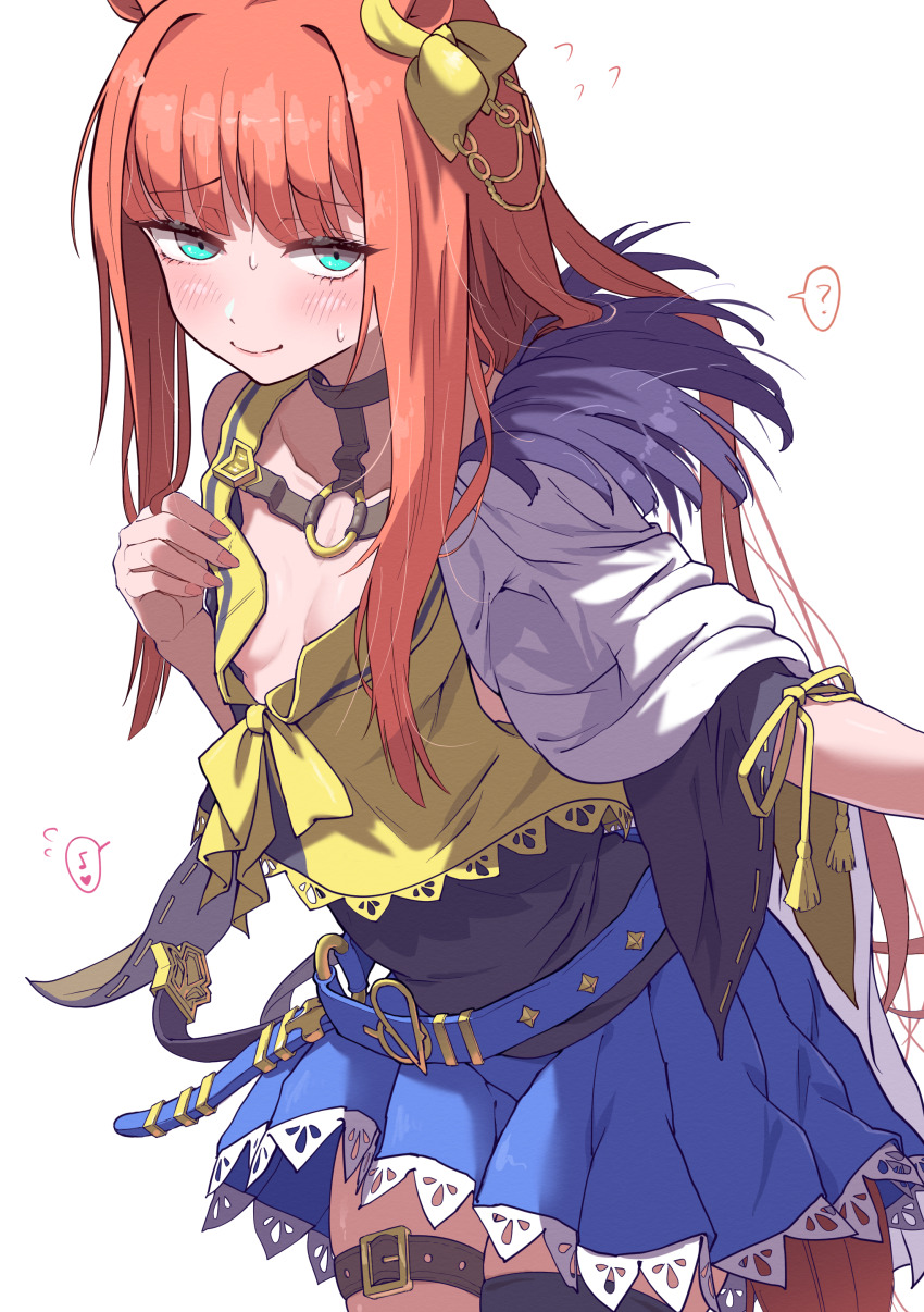 !, 1girl, ?, absurdres, air_groove_(umamusume), air_groove_(umamusume)_(cosplay), animal_ears, aqua_eyes, black_shirt, blue_skirt, breasts, brown_choker, choker, cleavage, commentary_request, cosplay, cowboy_shot, ear_ornament, eighth_note, grin, heart, highres, horse_ears, horse_girl, itosu200, musical_note, orange_hair, pleated_skirt, shirt, silence_suzuka_(umamusume), simple_background, single_thighhigh, skirt, small_breasts, smile, solo, spoken_exclamation_mark, spoken_heart, spoken_musical_note, thigh_strap, thighhighs, two-tone_shirt, umamusume, white_background, yellow_shirt