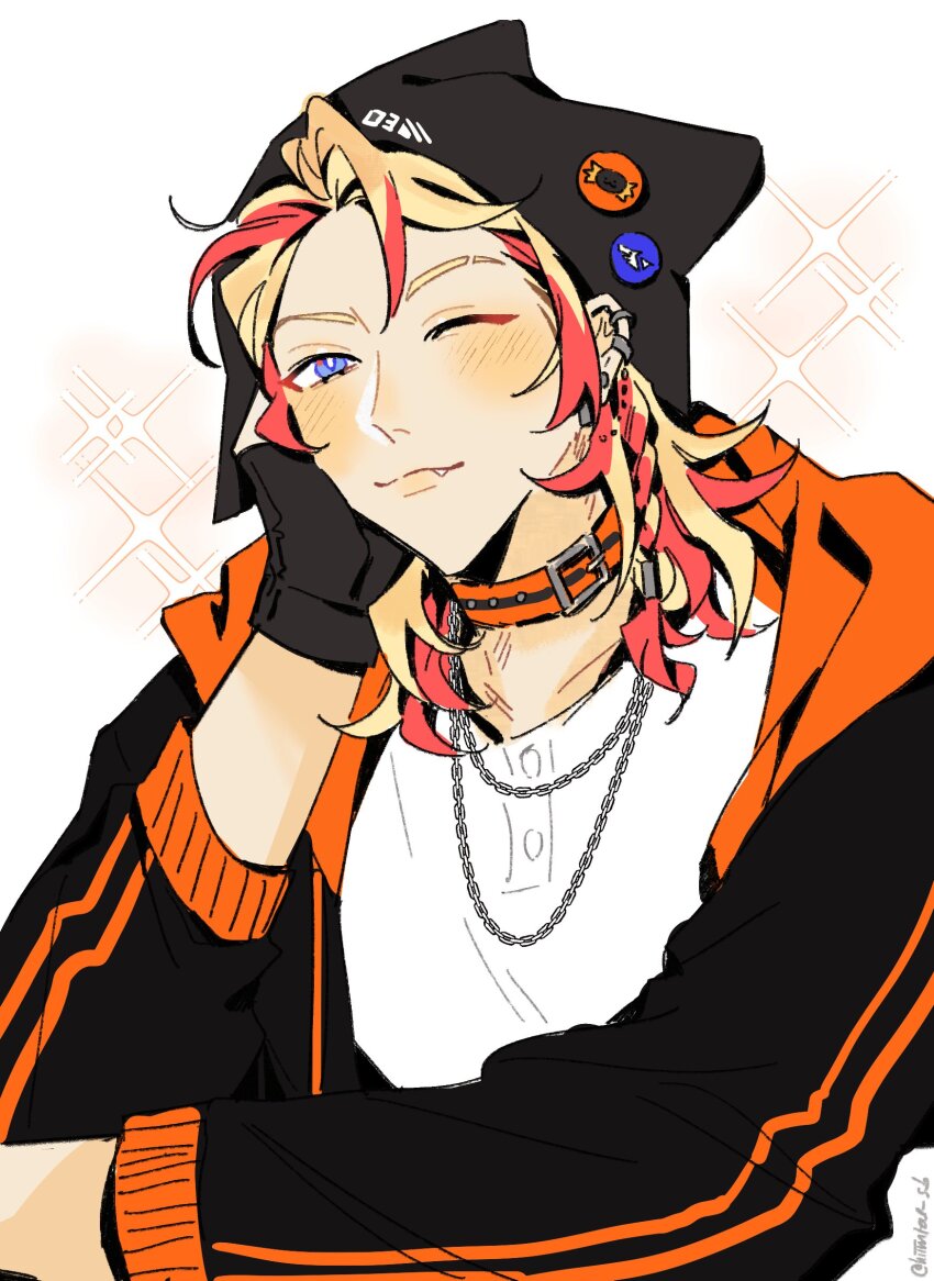 1boy, animal_hat, axel_syrios, bishie_sparkle, black_gloves, blonde_hair, blue_eyes, blush