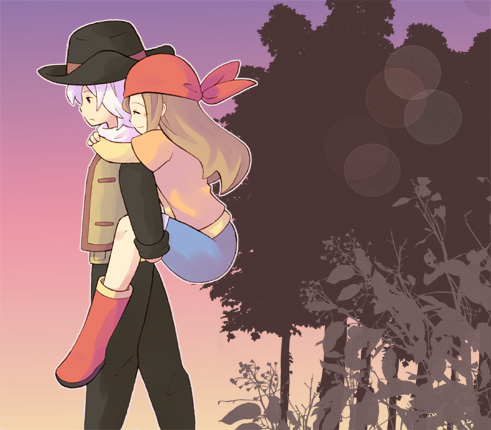 1boy, 1girl, bandana, brown_hair, chelsea_(harvest_moon), couple, cowboy_hat, deviantart