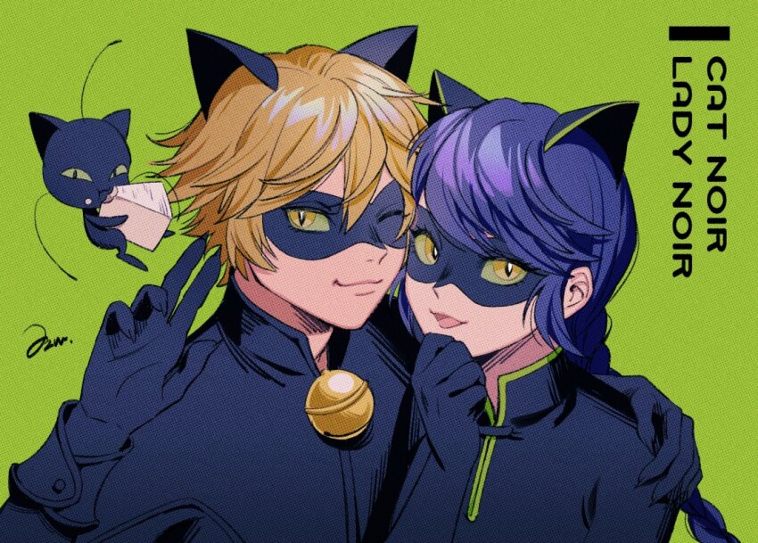 1boy, adrien_agreste, animal_ears, bell, black_bodysuit, black_cat, black_mask, blue_hair