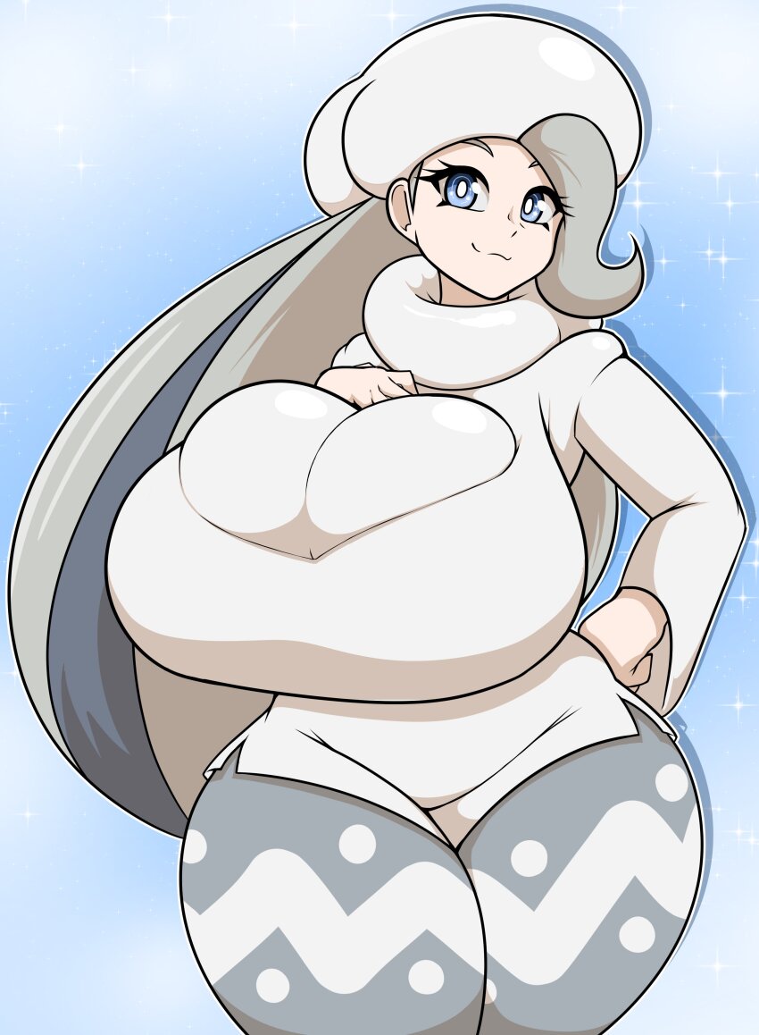 1girl, absurdres, big_hair, black_hair, blue_background, blue_eyes, breast_suppress, breasts, bright_pupils, cleavage_cutout, closed_mouth, clothing_cutout, curvy, dress, drop_shadow, eyelashes, fur_hat, green_hair, grey_pantyhose, gym_leader, hand_on_own_hip, hat, highres, huge_breasts, impossible_clothes, impossible_dress, long_hair, long_sleeves, looking_at_viewer, melony_(pokemon), multicolored_hair, nintendo, outline, pantyhose, pantyhose_under_shorts, pokemon, pokemon_sword_and_shield, scarf, short_shorts, shorts, smile, solo, sparkle, streaked_hair, sweater, takano_(miyo_takano), thick_eyebrows, two-tone_hair, wavy_mouth, white_hat, white_outline, white_pantyhose, white_pupils, white_scarf, white_shorts, white_sweater, winter_clothes