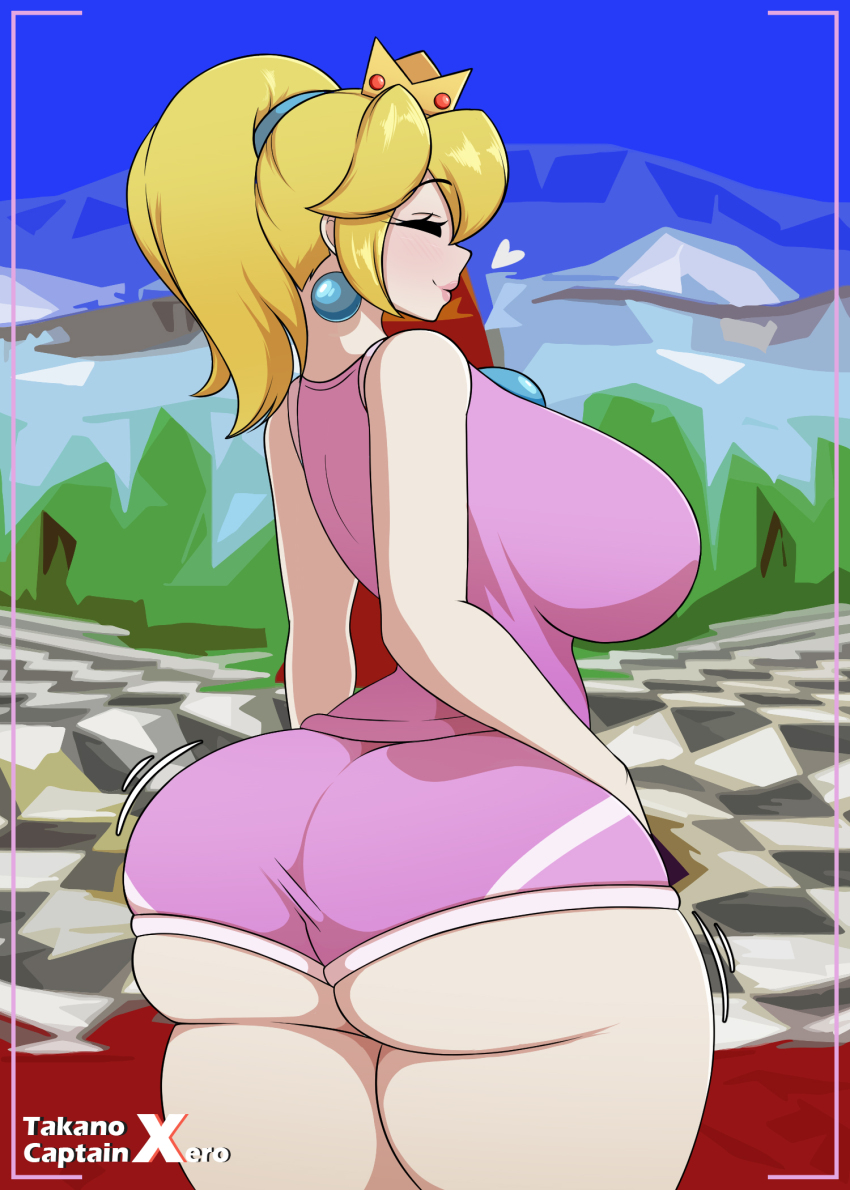 1girl, artist_collaboration, artist_name, ass, ass_shake, bare_shoulders, blonde_hair, blue_gem, blush, breasts, brooch, captainxero, crown, earrings, eyelashes, from_behind, from_side, gem, hair_tie, heart, high_ponytail, highres, indoors, jewelry, large_breasts, lips, mario_(series), mario_hoops_3-on-3, medium_hair, nintendo, pink_lips, pink_shirt, pink_shorts, ponytail, princess_peach, princess_peach_(sports_dress), shirt, short_shorts, shorts, sleeveless, sleeveless_shirt, smile, solo, sportswear, standing, super_mario_64, takano_(miyo_takano), taut_clothes, taut_shorts, thick_thighs, thighs, white_shorts