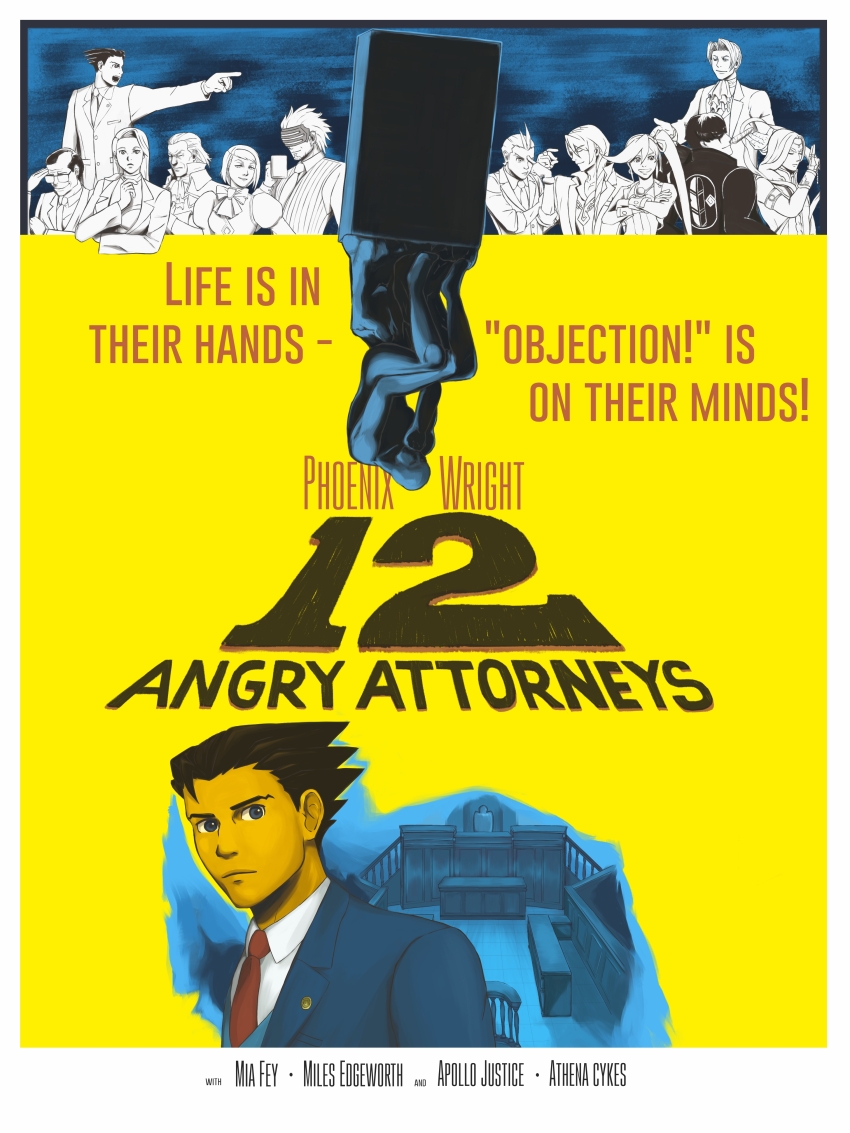 12_angry_men, 3girls, 6+boys, absurdres, ace_attorney, apollo_justice, athena_cykes, blue_jacket