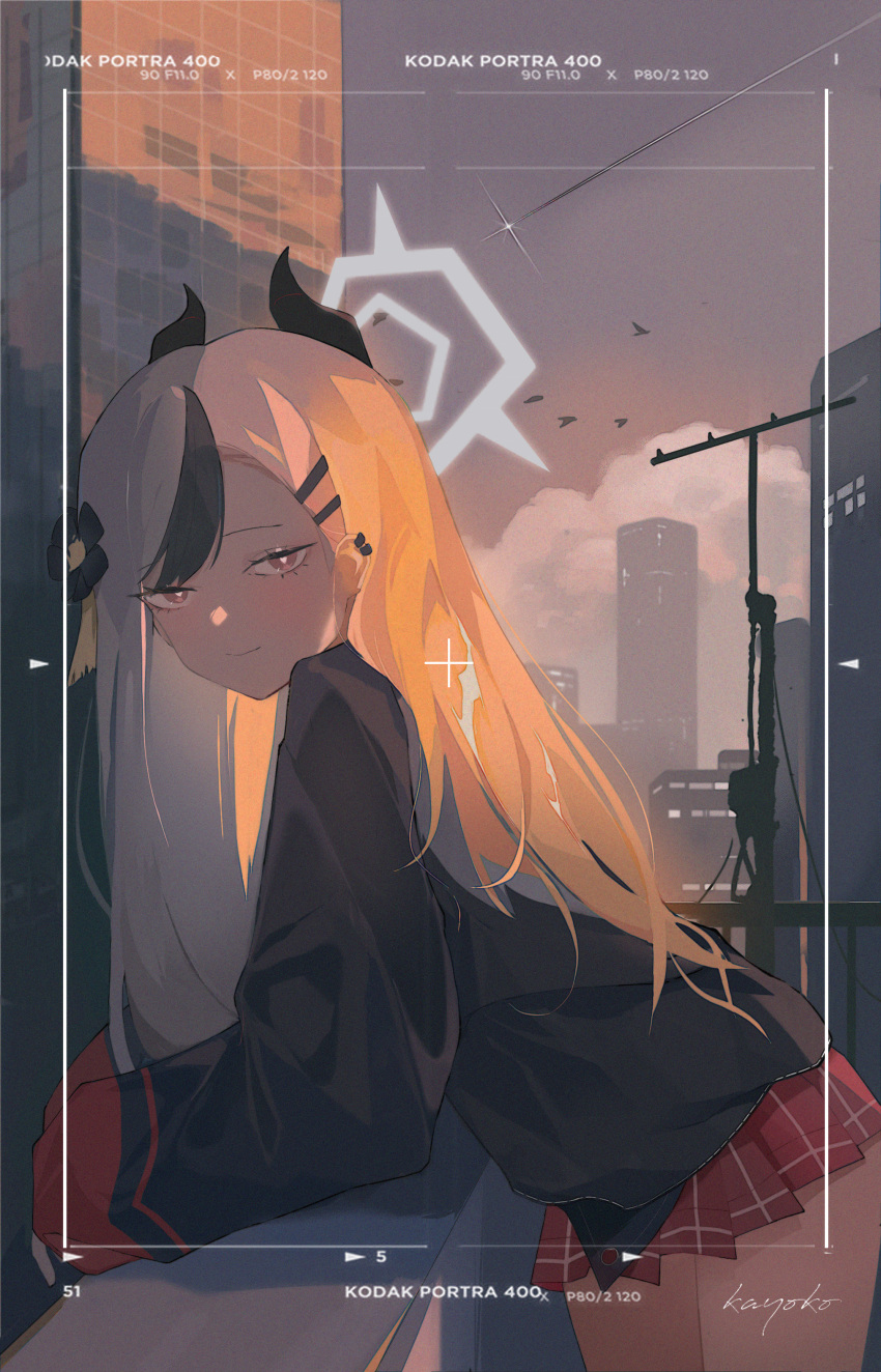 1girl, absurdres, against_railing, alternate_hairstyle, arm_support, birthday, black_hair, black_hoodie, blue_archive, blush, bright_pupils, building, character_name, city, cowboy_shot, demon_horns, earclip, flower, grey_hair, hair_flower, hair_ornament, hairclip, highres, hood, hoodie, horns, kayoko_(blue_archive), kodak_(company), long_hair, long_sleeves, looking_at_viewer, multicolored_hair, parted_bangs, plaid_clothes, plaid_skirt, pleated_skirt, railing, red_eyes, red_skirt, shen_(1542046839), shooting_star, skirt, skyscraper, smile, solo, sunset, tassel, tassel_hair_ornament, two-tone_hair, viewfinder, white_hair