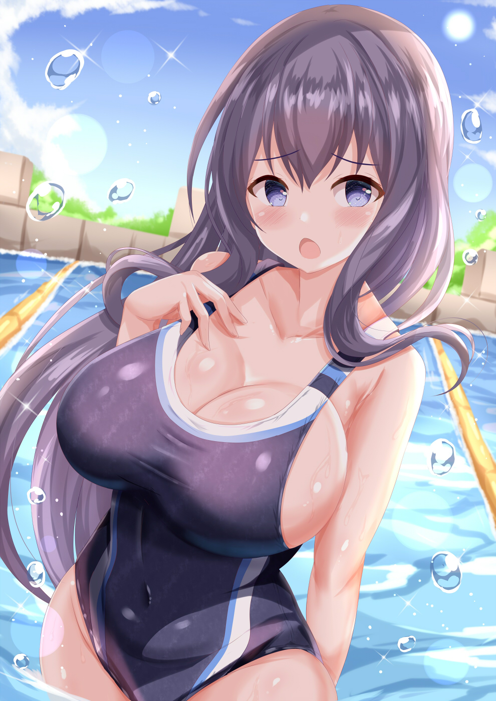1girl, bare_arms, bare_shoulders, black_hair, black_one-piece_swimsuit, blue_eyes, blue_sky, blush