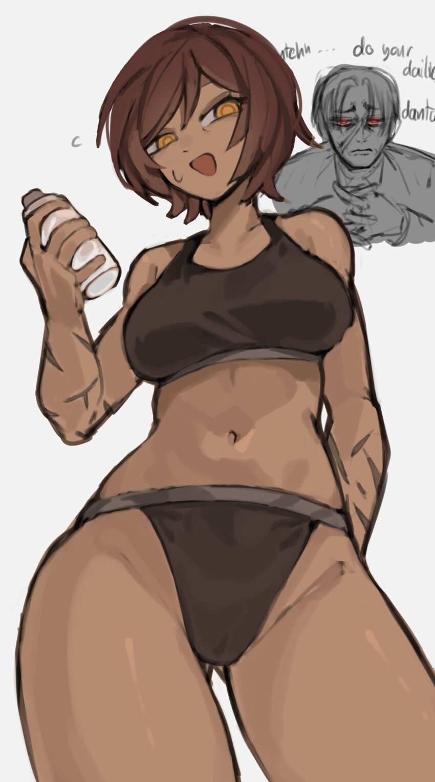 1boy, 1girl, black_bra, black_panties, bottle, bra, brown_hair, dark-skinned_female