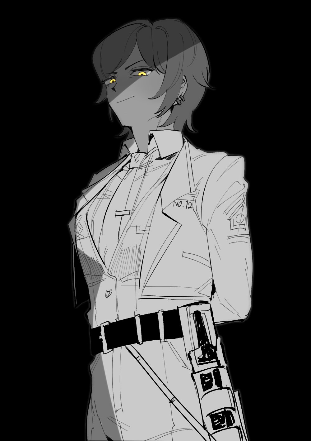 1girl, arms_behind_back, belt, closed_mouth, collared_shirt, cropped_jacket, earrings, greyscale