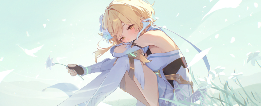 arms_on_knees, bare_shoulders, black_gloves, blonde_hair, breasts, commentary_request, covered_mouth, detached_sleeves